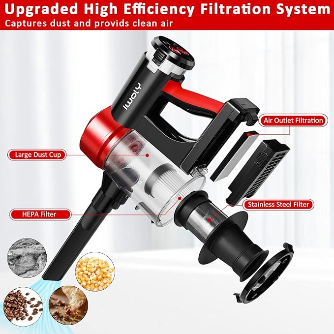 iwoly C150 Cordless Vacuum Cleaner Rechargeable with 2200mAh Detachable Battery, 18000Pa Cyclone Vacuum with HEPA Filter, Lig