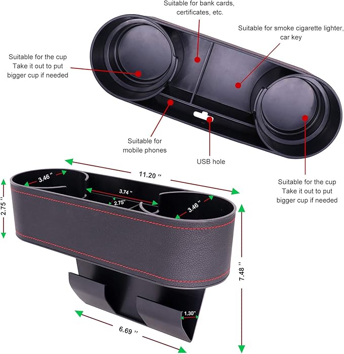 Car Seat Organizer Cup Drink Holders,Multifunctional Gap Filler Storage Box,Insert Organization Helps Reduce Distracted Driving&Holds Phone Mount Mug Bottle Cellphones Coasters Wallet Cards (Black)