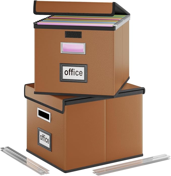 Huolewa File Organizer Boxes with Lids, Collapsible Faux Leather Hanging File Folder Box Organizer with Plastic Slide, Decora