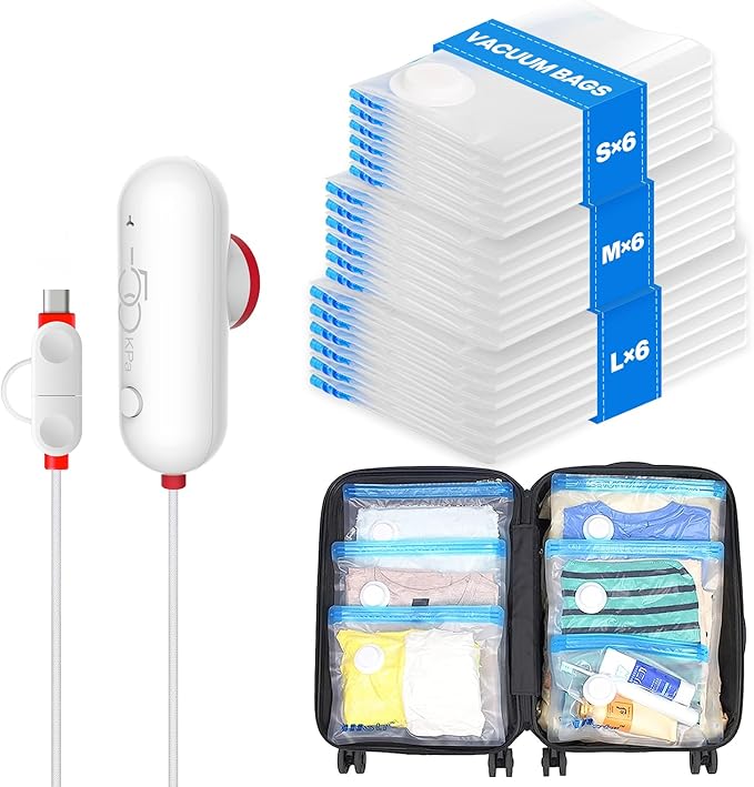 VMstr Vacuum Seal Bags for Clothing Travel, Vacuum Storage Bags with USB Electric Pump, Compression Space Saver for Luggage S