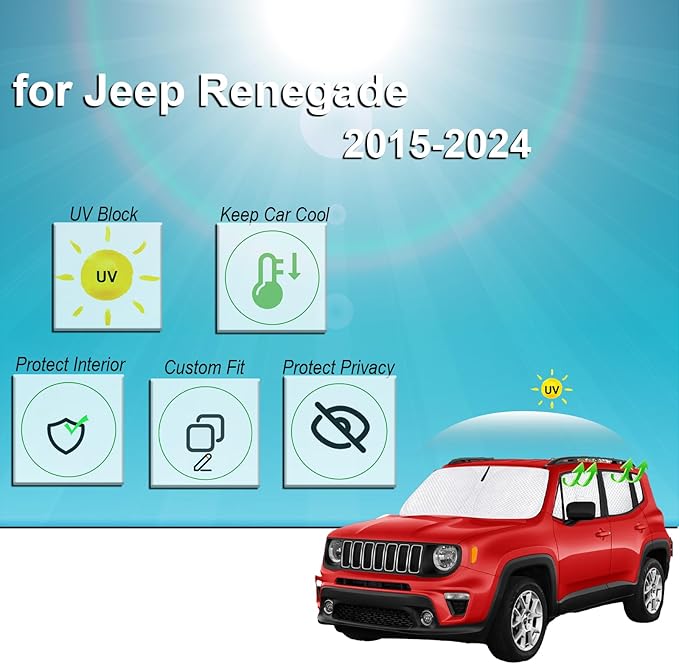 KMF 8pcs Thicken Sun Shades for Jeep Renegade 2015-2024 Accessories, Windshield Sunshade Full Car Window Covers for Side Rear, UV Block and Privacy Blackout for Camping Outdoor