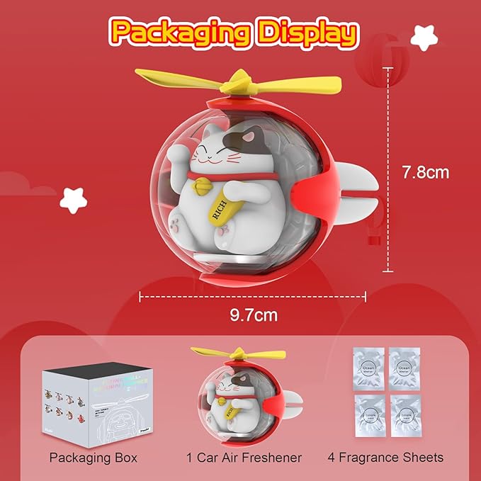 Lucky Cat Car Air Freshener with 6-Color Auto Light Up & 4 Scented Pads – Subtle Fragrance, Decorative Auto Accessories, Cute