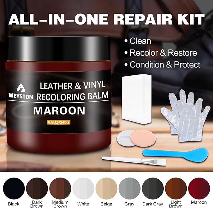 Leather Recoloring Balm - Maroon Leather Repair Kit for Furniture, Dye, Recolor, Renew, Repair & Restore Aged, Faded, Cracked