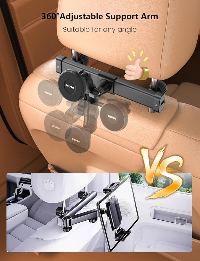 OHLPRO Magnetic Headrest Tablet Holder with 360° Adjustable Arm for Car Back Seat iPad Mount Fit for Magsafe Phones Tablet iPad Pro Air Mini Galaxy Tab and Devices, Road Trip Essentials for Kids