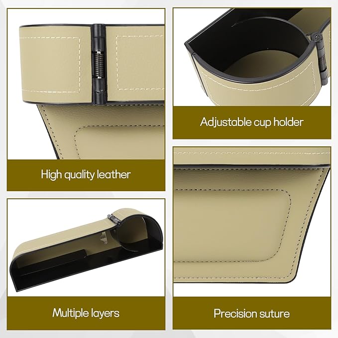 Car Seat Gap Filler Organizer, Multifunctional Car Seat Organizer with Adjustable Cup Holder, Leather Car Seat Gap Storage Box for Holding Phones, Coins, Cards, Keys, Pens (Beige)
