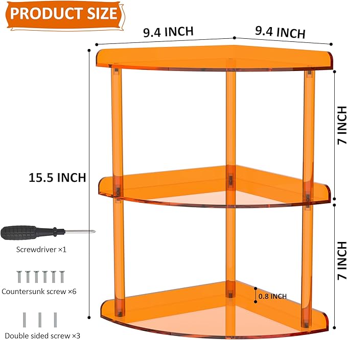 Sezanrpt 3 Tier Acrylic Corner Shelf Organizer Storage 9.5x9.5x15.7 Inch, Orange Countertop Corner Shelf for Bathroom, Kitche
