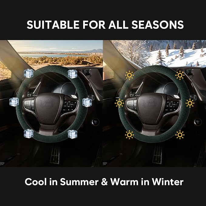 Suede Steering Wheel Cover with Upgraded Silicone Inner Ring, Breathable, Anti-Slip, Leather Universal 14.5 to 15 Inch Steeri
