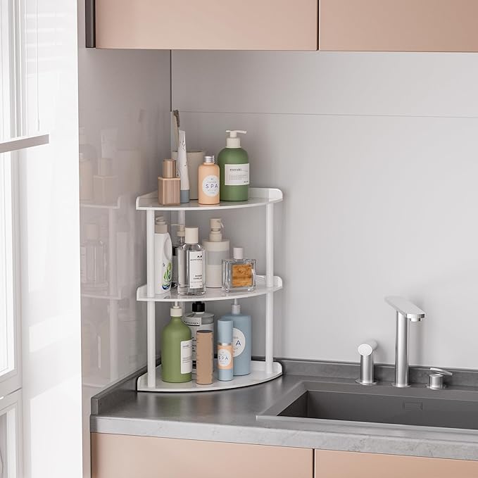 Sezanrpt 3 Tier Acrylic Corner Shelf Organizer Storage 9.5x9.5x15.7 Inch, White Countertop Corner Shelf for Bathroom, Kitchen