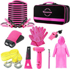 Car Emergency Kit, Pink Roadside Emergency Car Kit with Jumper Cables, Tow Rope, Safety Hammer, Pink Car Accessories for Wome
