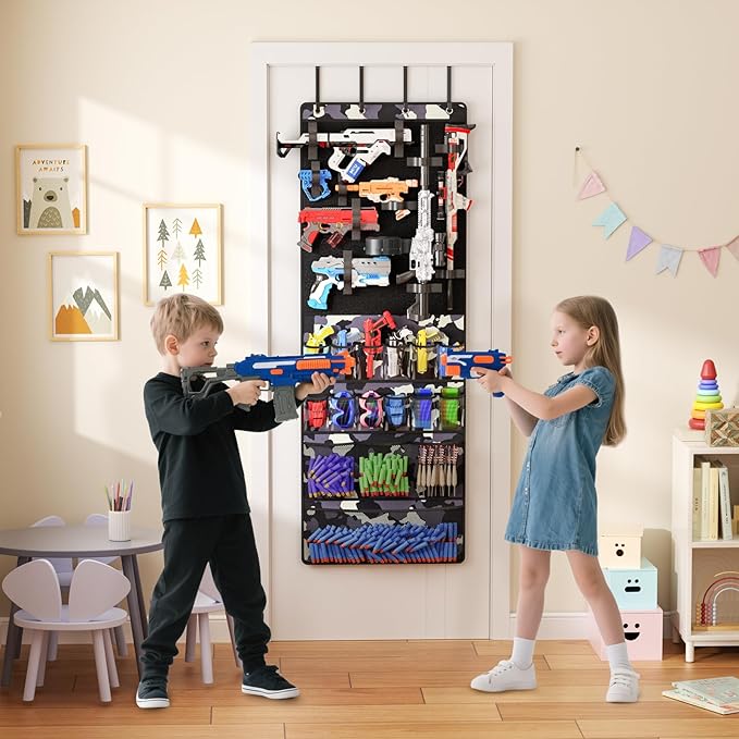 Over the Door Organizer for Toy Guns, Hanging Toy Guns Storage Organizer with Pockets and Slots for Kids Foam Blasters, Darts
