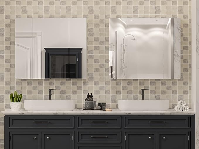 DICTAC Medicine Cabinet with Mirror & Storage - 27.6x23.6in Wall Mounted Cabinet with 3 Doors & Adjustable Shelves for Bathro