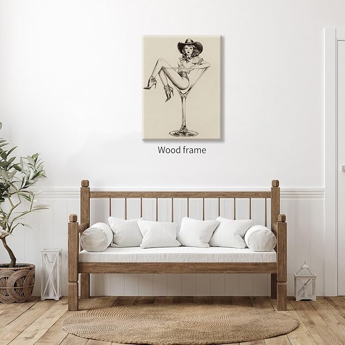 Vintage Western Framed Wall Art Coquette Cowgirl Martini Posters Prints 24x36 in Retro Bar Cart Cocktail Artwork Aesthetic fo