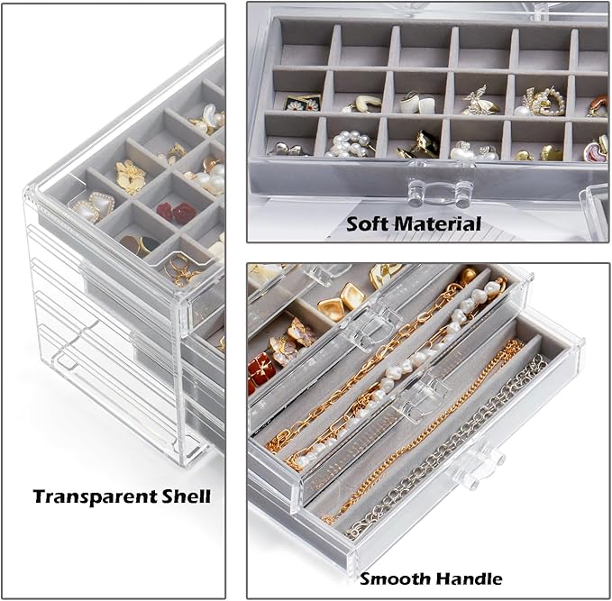 YUFONG Jewelry Organizer with 5 Drawers Clear Acrylic Earring Display Case Velvet Jewelry Storage Box Display Holder for Earr