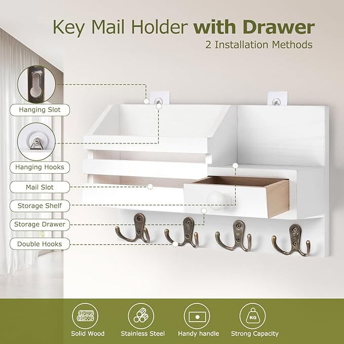 Key Holder Wall Mount, Wooden Adhesive Mail and Key Organizer with Drawer, Small Shelf, 8 Hooks, 2 Installation Methods, Whit