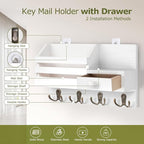 Key Holder Wall Mount, Wooden Adhesive Mail and Key Organizer with Drawer, Small Shelf, 8 Hooks, 2 Installation Methods, Whit
