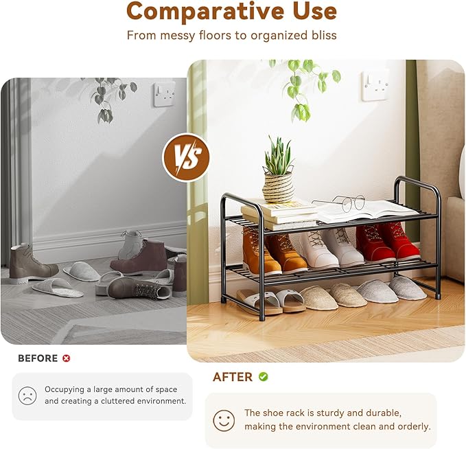 Shoe Rack, Closet Metal 2Tier 27 Inch Shoe Shelf Organizer for floor, Stackble & Adjustable, Black