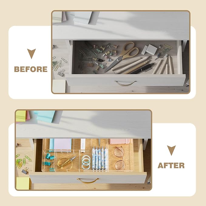 Briwooody Acrylic Drawer Organizer Clear Desk Drawer Organizer Trays with Adjustable Compartments Desk Accessories for Office