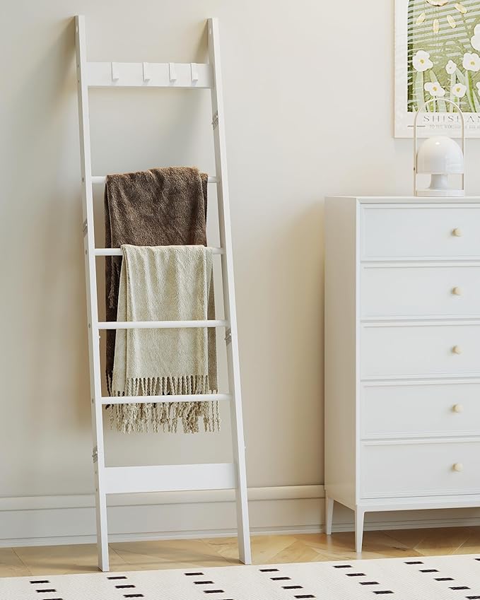 Hzuaneri Blanket Ladder for Living Room, Decorative Quilt Rack with 4 Removable Hooks, 6-Tier Farmhouse Ladder Holder Shelf O
