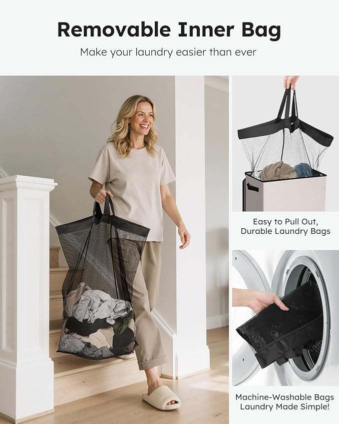 SOLEDI Laundry Hamper with Lid 90L Large & Tall Collapsible Laundry Basket, Clothes Hamper with Bag Removable Easy to Carry, 