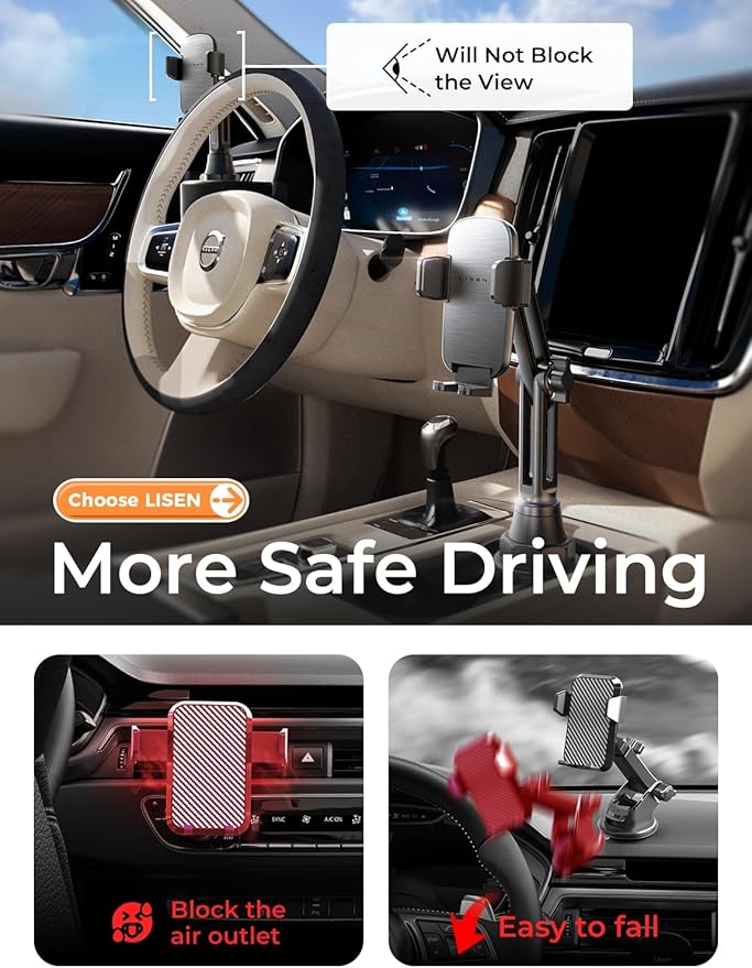 LISEN Upgraded Version Cup Holder Phone Holder 360° Adjustable Long Neck Car Phone Mount Golf Cart Phone Holder, Truck Jeep Accessories for iPhone 17 Air Pro Samsung Google and All 4-7'' Phone