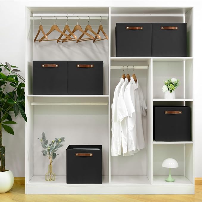FinishingBo 6-Pack Storage Cubes with Handles & Label Holders Basket, Closet Cube Home Organizer Bins(Black, 13 x 13 x 13 inc