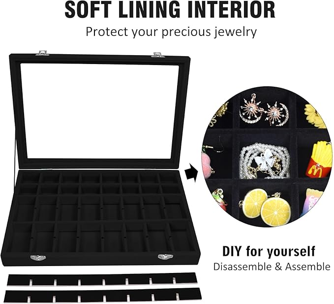 Vicoter Velvet Jewelry Tray 48 Compartments Jewelry Display Organizer with Transparent Cover Rings, Earrings, Necklaces, Pend
