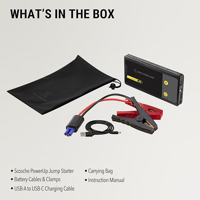 Scosche PBJ600 Portable Car Battery Jump Starter, 12V Jump Box, 600A Battery Booster, Jumper Cables Kit for Car (4.0L Gasoline/2.0L Diesel Engines) 10W Portable Power Bank, Battery Jumper w/LED Light