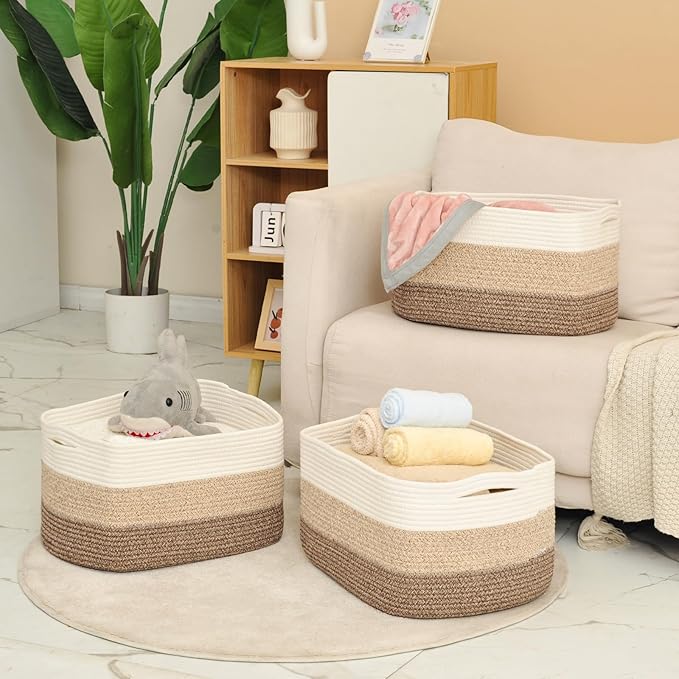 ICERZCZ Large Storage Baskets for Organizing Shelves, Woven Cotton Rope Bins for Baby Nursery Organization, Book Toy Towel Or