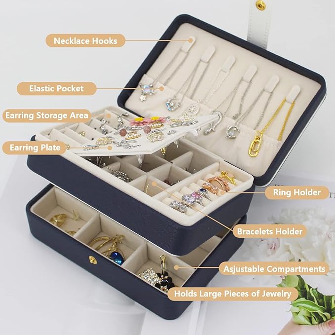 KOOAAICCHI Small Jewelry Box, Travel Jewelry Organizer, Portable Jewelry boxes for Women Girls Gift, Double Layers PU Leather