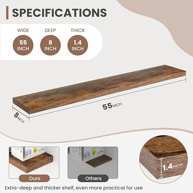 55 Inch Floating Shelves, 8 Inch Deep Floating Shelves for Wall, Hanging Shelf with Invisible Brackets, Deep Shelves for Bath