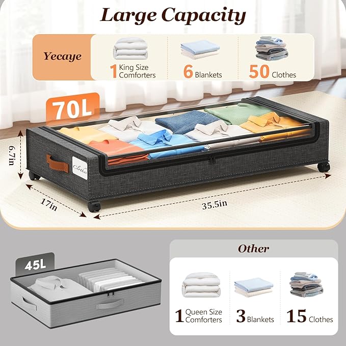 Yecaye 70L Under Bed Storage with Wheels, 2Pack Larger Capacity Under Bed Storage Containers, Underbed Shoe Storage Organizer