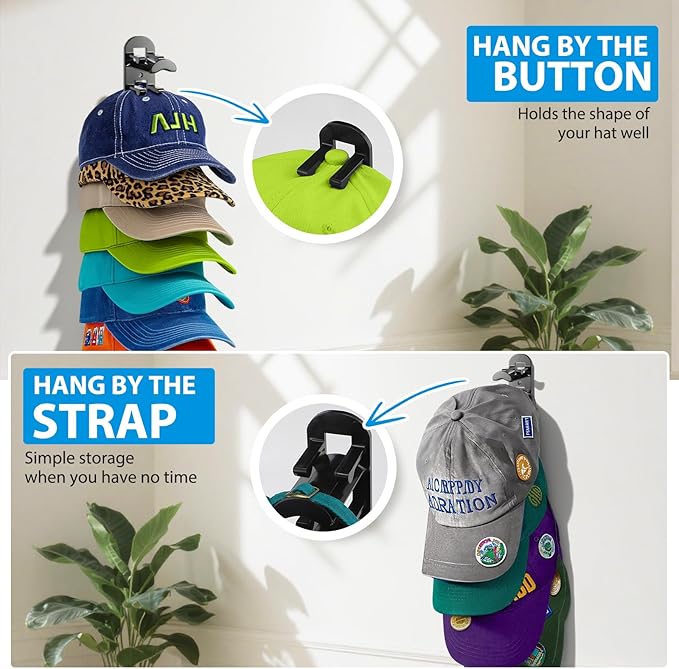 4 Pack Hat Organizer Hat Hook for Wall,Hold up to 40 Hats,Hat Holder with Strong Adhesive and Screws,Cap Holder Hat Hangers f