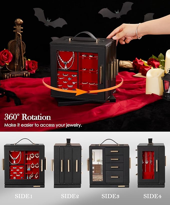 Homde Jewelry Box 360° Rotating, Necklace Earring Organizer with Transparent Window, Mirror, 7 Drawers, Large Ring Display St