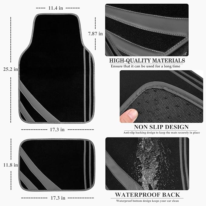 CAR PASS Carpet Car Floor Mats, Edge Leather Waterproof Car Mats with Double Stitch Line and Anti-Slip Backing Design, Fit 95