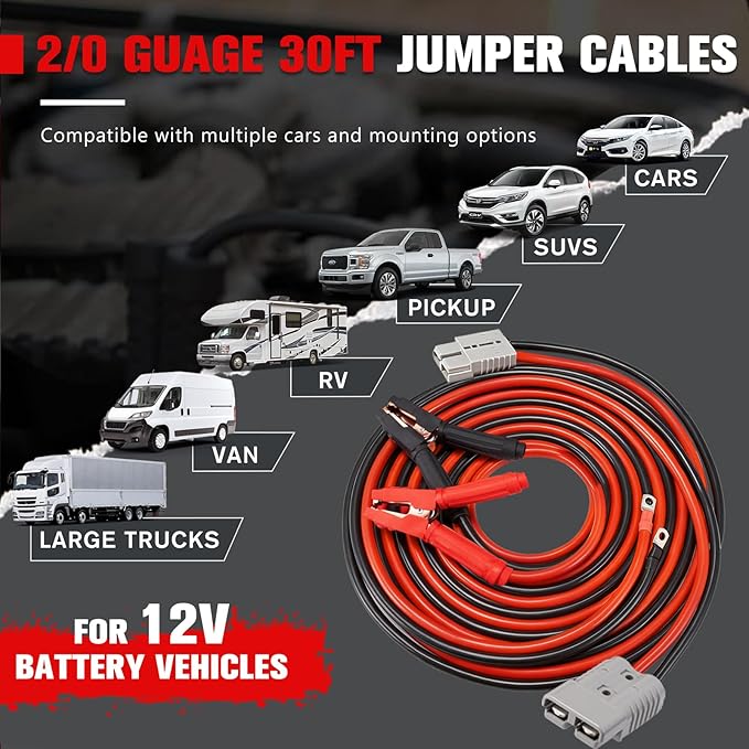 FIERYRED 2/0 Gauge 30 FT Quick Connect Jumper Cables, 1500A Heavy Duty Booster Cables with Travel Bag, Heavy Duty Battery Jumper Cable for Truck, Diesel Trucks, SUV and Car