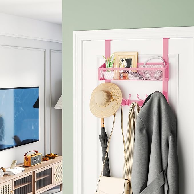 HapiRm Over The Door Hooks - Easy Installation Pink Door Hanger with Basket and 16 Hooks, 304 Stainless Steel Storage Organiz