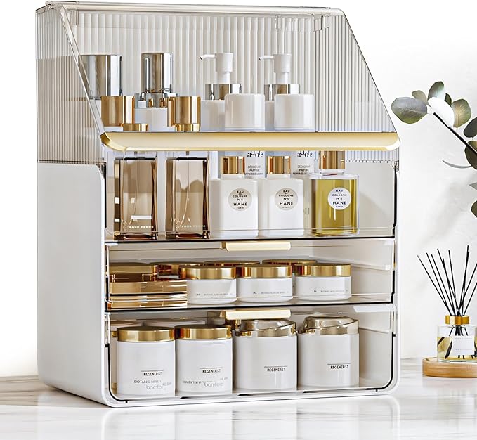 Makeup Organizer Countertop with Drawers & Lid, Skincare Organizer for Vanity, Large Cosmetic Organizer & Display Cases and S