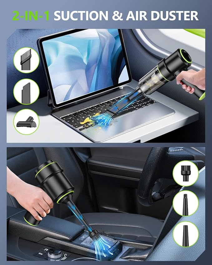 CODN Handheld Car Vacuum Portable Cordless 12000PA, 2 in 1 Handheld Vacuum Cleaner and Air Duster with Multi-Nozzles and LED 