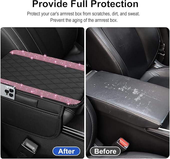 NBTEPEM Bling Car Center Console Cover, Leather Car Arm Rest Cover Cushion with 2 Storage Bags, Universal Automotive Armrest Protector Storage Box, Bling Accessories Interior for Most Vehicles (Pink)