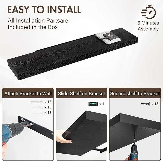55 Inch Floating Shelves, 12" Deep Floating Shelf Wall Mounted, 55" Wall Shelves, Rustic Deep Bookshelf, Extra Deeper & Thick