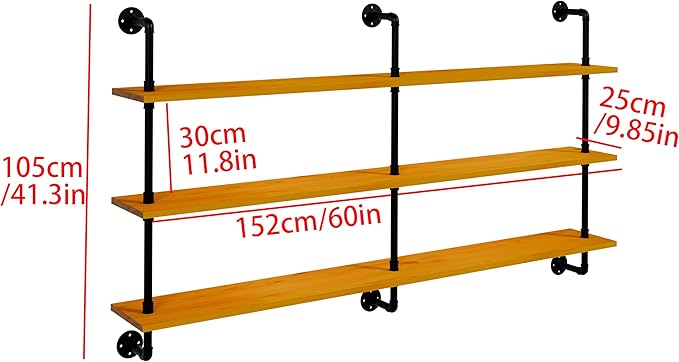 Industrial Pipe Wall Shelves - 60" Rustic Natural Oak Solid Wood, 9.85" Deep Floating Shelving for Farmhouse Rustic Decor, St