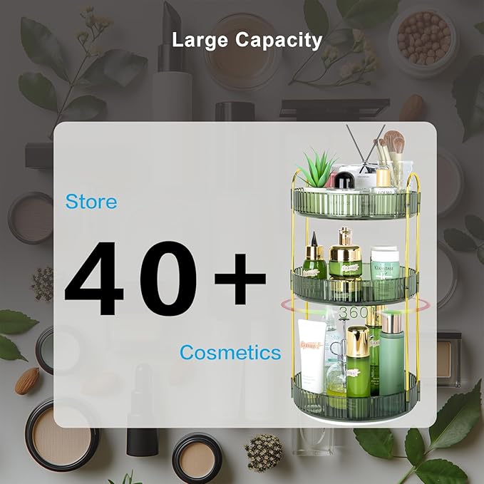 360 Rotating Makeup Organizer - Large Capacity Spinning Perfume & Cosmetic Skincare Holder for Vanity & Countertop (Gem Green