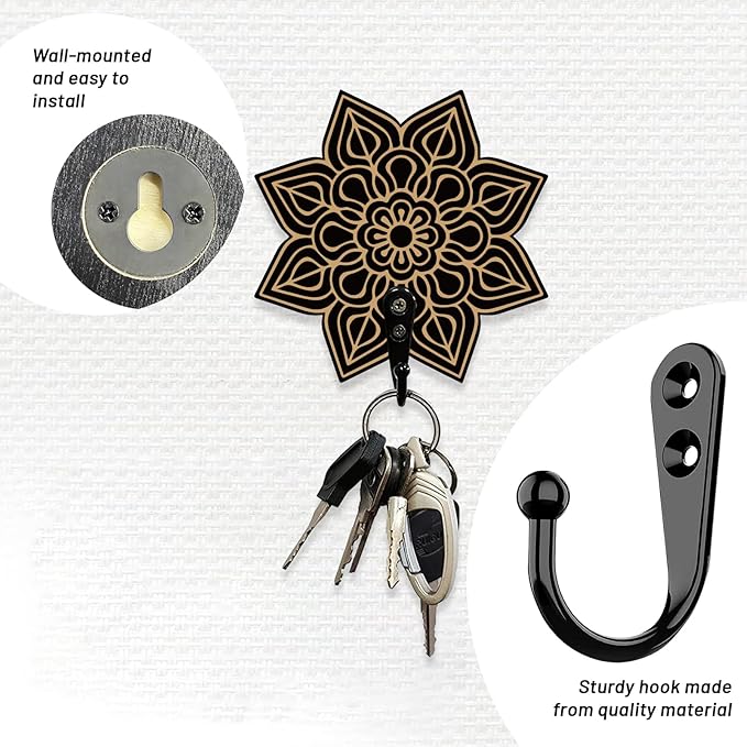 AHANDMAKER Wood Mandala Key Holder, 2 Sets, Wall Mount, Bohemian Style, 2 Hooks, Key Organizer Decorations, Home Decor, 3.9x3
