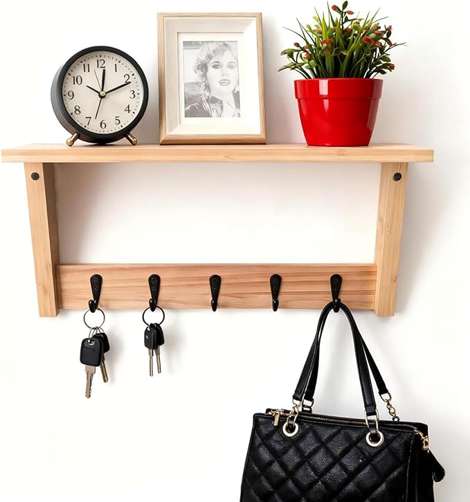 Wall Shelf with Hooks, Multi-Purpose Wooden Shelf & Metal Hooks for Home Entryway, Living Room,Office - Heavy Duty Coat Rack 