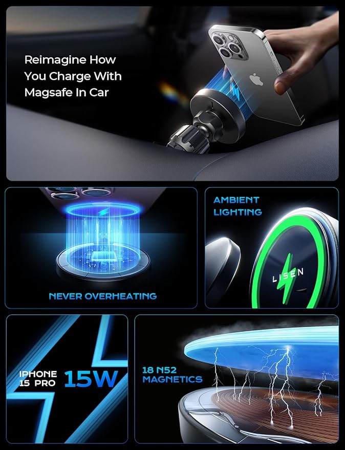 LISEN 15W MagSafe Car Mount Charger,[Racing-Grade Carbon Fiber] Magnetic Wireless Car Charger, Magsafe Car Phone Holder Charger for iPhone 17 16 15 14 13 12, Pixel 10, BMW Accessories, Gifts for Men