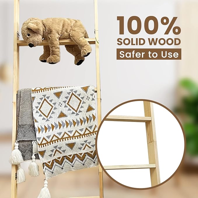 5-Tier Blanket Ladder – 4.8 Ft Wall Leaning Quilt Rack, Farmhouse Blanket Storage for Living Room, Bedroom & Bathroom – Rusti
