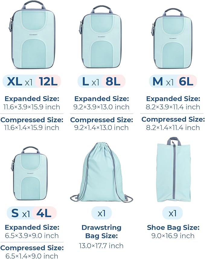 BAGSMART Compression Packing Cubes, 6 Set Packing Cubes for Suitcases, Lightweight Suitcases Organizers Bag Set & Compression