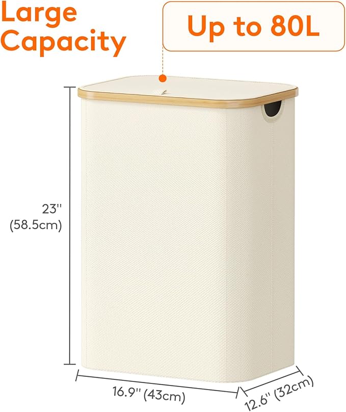 Lifewit 80L Laundry Basket with Lid, Clothes Hampers for Laundry with Bamboo Handles and 1 Removable Bag, Large Foldable Laun