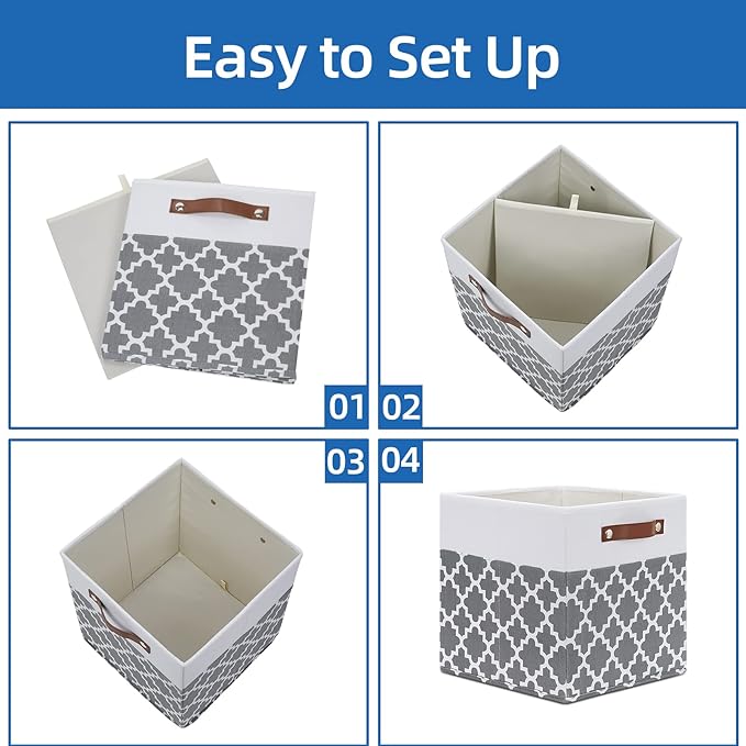 Temary 12x12x12 Fabric Storage Bins 4 Pack with Leather Handle, Foldable Cubes Storage Box Baskets for Closet, Shelf (White&L