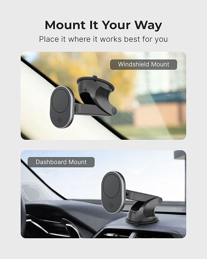 MagSafe Wireless Car Charger Suction Cup Mount for Compatible with iPhone 14/15/16/17/Galax (Version 2.0) 360° Rotation, Canadian Company Magnetic Car Phone Holder Charger, Car Gifts for Men/Women